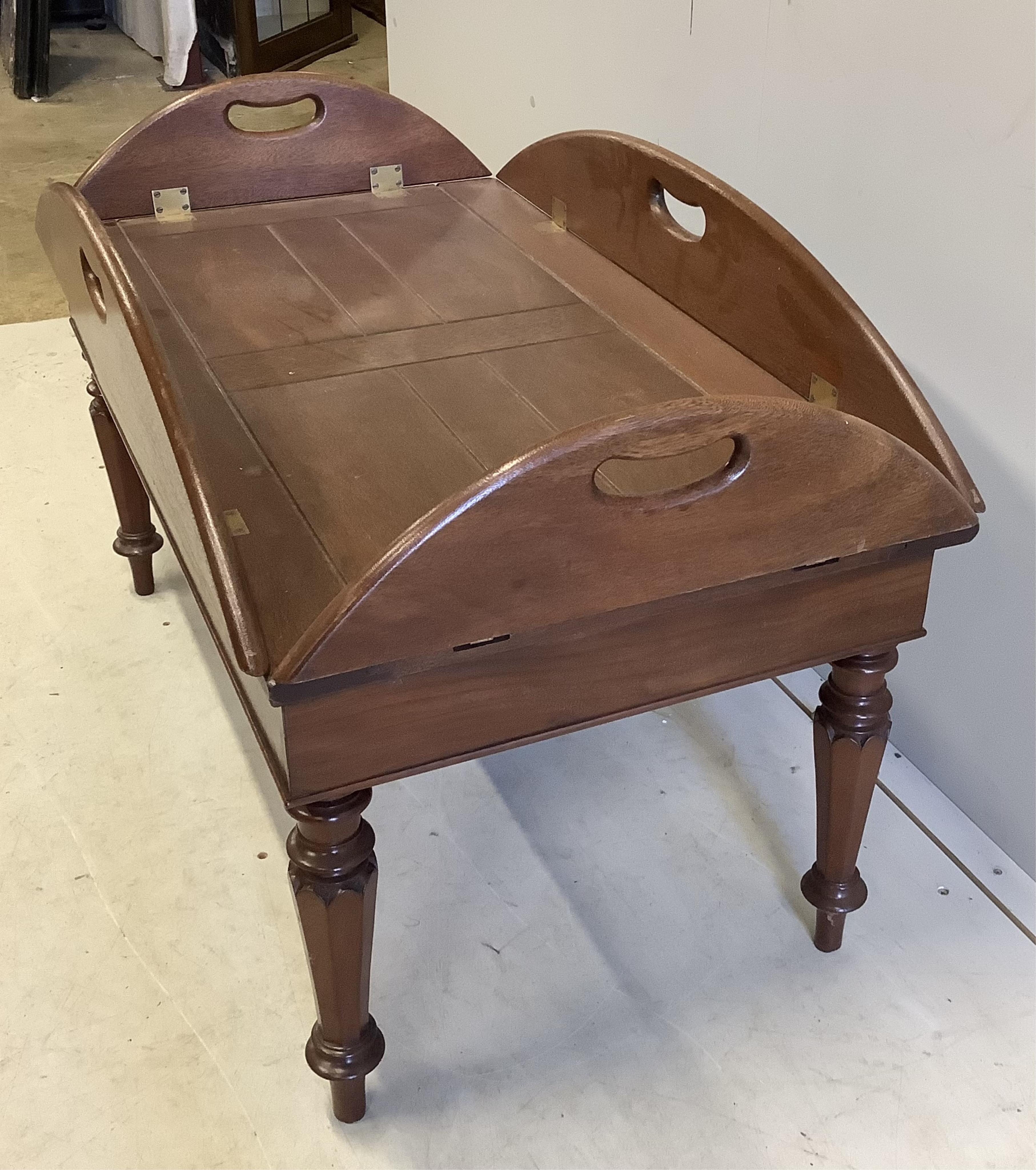 A reproduction mahogany butler's tray on stand, width 95cm, depth 54cm, height 58cm. Condition - fair